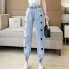 Heart Embroidered High-waist Jogger Jeans