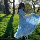 Puff-sleeve Floral Plain Dress Dress - Blue - One Size
