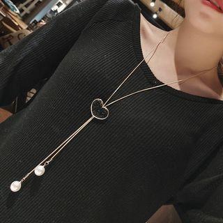 Faux Pearl Rhinestone Heart Y Necklace