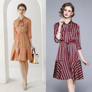 Elbow-sleeve Tie-neck Striped A-line Dress