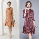 Elbow-sleeve Tie-neck Striped A-line Dress