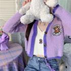 Bear Embroidered V-neck Cardigan Bear Embroidery - Purple - One Size