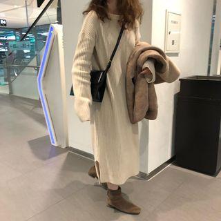 Loose-fit Rib-knit Midi Dress Almond - One Size