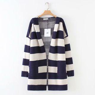 Hooded Color Block Open Front Knit Jacket