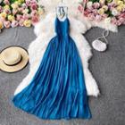 Smocked Halter Chiffon Maxi Dress Blue - One Size