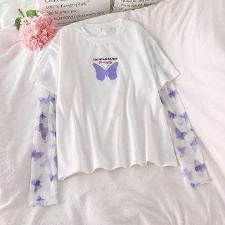 Mock Two-piece Butterfly Print Mesh Panel Long-sleeve T-shirt