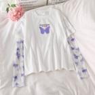Mock Two-piece Butterfly Print Mesh Panel Long-sleeve T-shirt