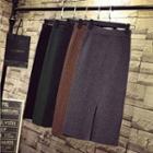 Slit-front Plain Knit Pencil Skirt