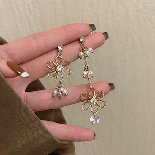 Asymmetrical Rhinestone Flower Drop Earring / Clip-on Earring