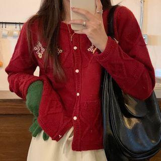 Floral Embroidered Cardigan Red - One Size