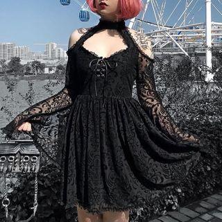 Cold Shoulder Long-sleeve A-line Lace Dress