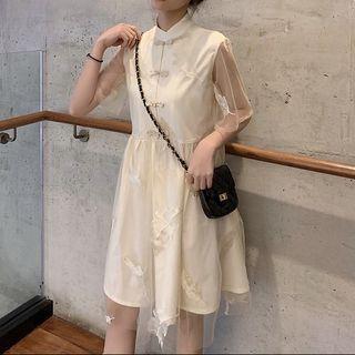 Feather Embroidered Short-sleeve Mandarin Collar Mesh Dress Almond - One Size