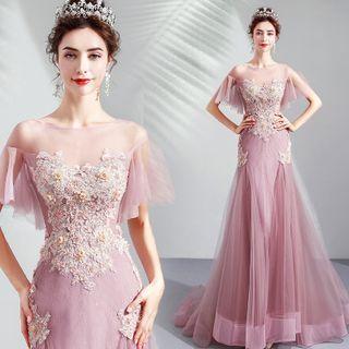 Cold Shoulder Floral Applique Mesh Mermaid Gown