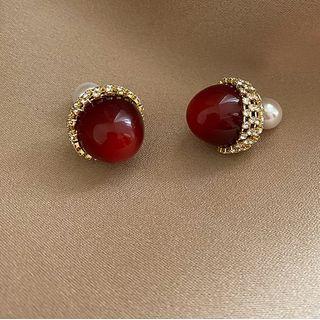 Faux Pearl Stud Earring 1 Pair - Silver Stud - Red - One Size