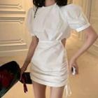 Balloon-sleeve Drawstring Mini Sheath Dress