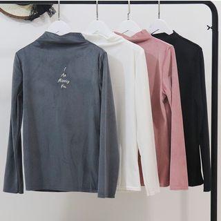 Mock Turtleneck Long-sleeve Embroidered Velvet Top