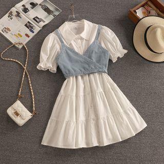 Set: Short-sleeve Shirt Dress + Denim Camisole Top