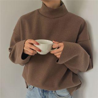 Plain Mock-neck Loose-fit Long-sleeve Top