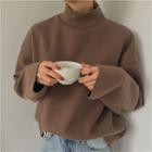 Plain Mock-neck Loose-fit Long-sleeve Top