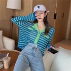 Contrast Striped Knit Long-sleeve Polo Shirt