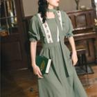 Floral Embroidered Puff Sleeve A-line Midi Dress