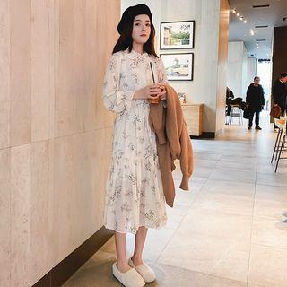 Long-sleeves Frill-trim Floral Print Midi Dress