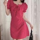 Puff-sleeve Gingham Ruffled A-line Dress