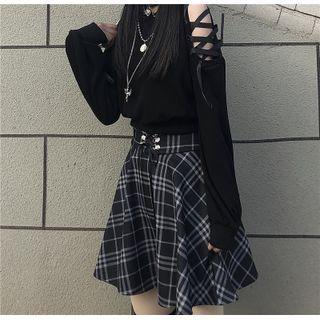 Cold-shoulder Lace-up Sweatshirt / Plaid A-line Skirt