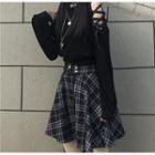 Cold-shoulder Lace-up Sweatshirt / Plaid A-line Skirt