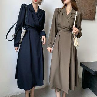 Long-sleeve Open-collar A-line Midi Wrap Dress