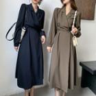 Long-sleeve Open-collar A-line Midi Wrap Dress