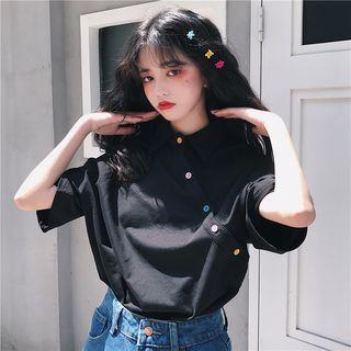 Buttoned Short Sleeve Top Black - One Size