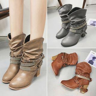 Block Heel Studded Mid-calf Boots