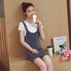 Set: Short-sleeve T-shirt + Embroidered Denim Pinafore Dress