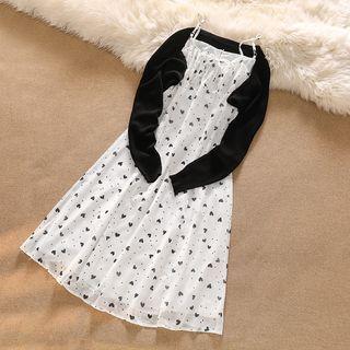 Spaghetti Strap Heart Print Dress / Long-sleeve Plain Shawl