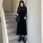 Long-sleeve A-line Midi Velvet Dress Dress - Black - One Size