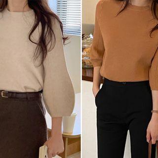 Balloon-sleeve Pintuck-hem Knit Top