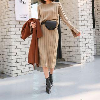 Set: Slit-cuff Rib-knit Top + Midi Skirt