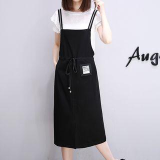 Set: Short-sleeve T-shirt + Drawstring Waist Midi Pinafore Dress