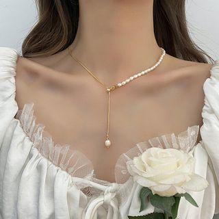 Faux Pearl Pendant Alloy Y Necklace My31539 - Gold - One Size