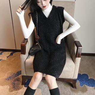 Turtleneck Long-sleeve Top/ V-neck Glitter Knit Pinafore Dress