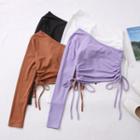 Long-sleeve One-shoulder Drawstring Cropped T-shirt