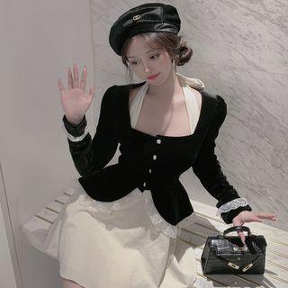 Long-sleeve Lace Trim Peplum Blouse / Halter-neck Mini A-line Dress