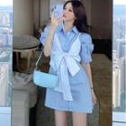 Ribbon Puff-sleeve Mini Shirtdress Blue - One Size