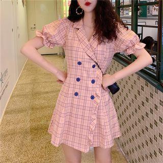 Plaid Double Breasted Short-sleeve Dress As Shown In Figure - One Size