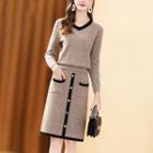 Set: Contrast Trim Sweater + Button-up Knit Pencil Skirt