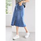 Slit-front Patch-pocket Midi Denim Skirt