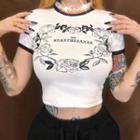 Rose Print Short-sleeve Cropped Top White - One Size