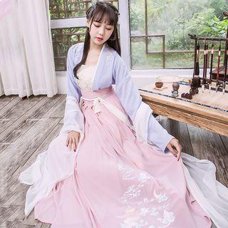 Hanfu Set: Long-sleeve Top + Maxi Skirt + Camisole + Scarf