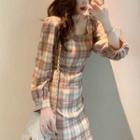 Plaid Cutout Midi Sheath Dress / Plain Camisole Top